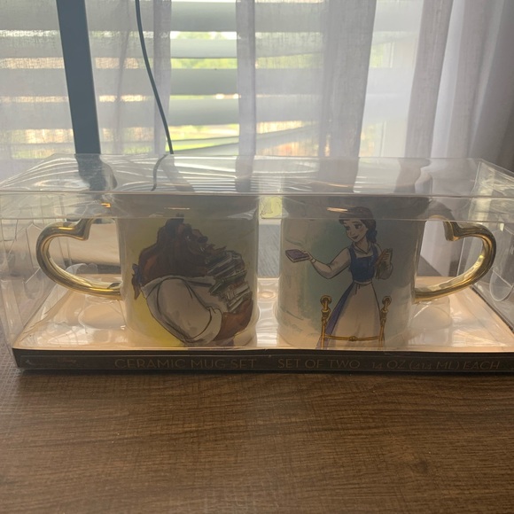 Beauty and the Beast Ceramic Mug Set with Gold Heart Handles NIB